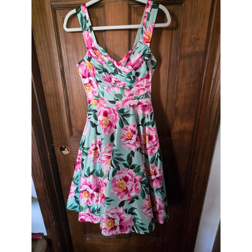 ModCloth Mint Green Pink Floral Peony Fit and‎ Flare Retro Dress Small